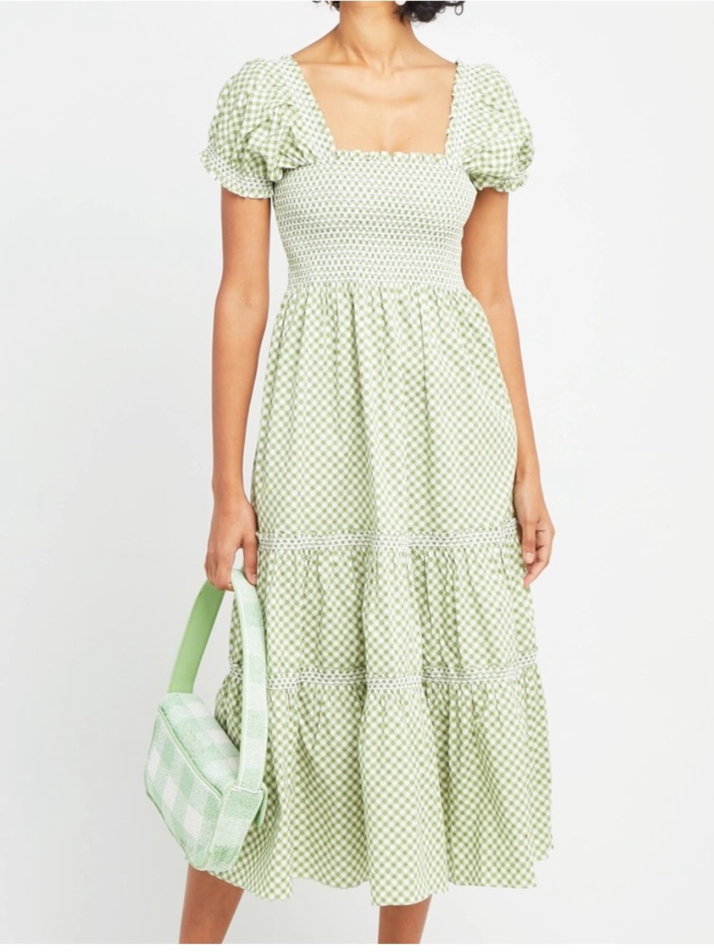 OPT Smocked Square-Neck Gingham Midi Dress in Light Green